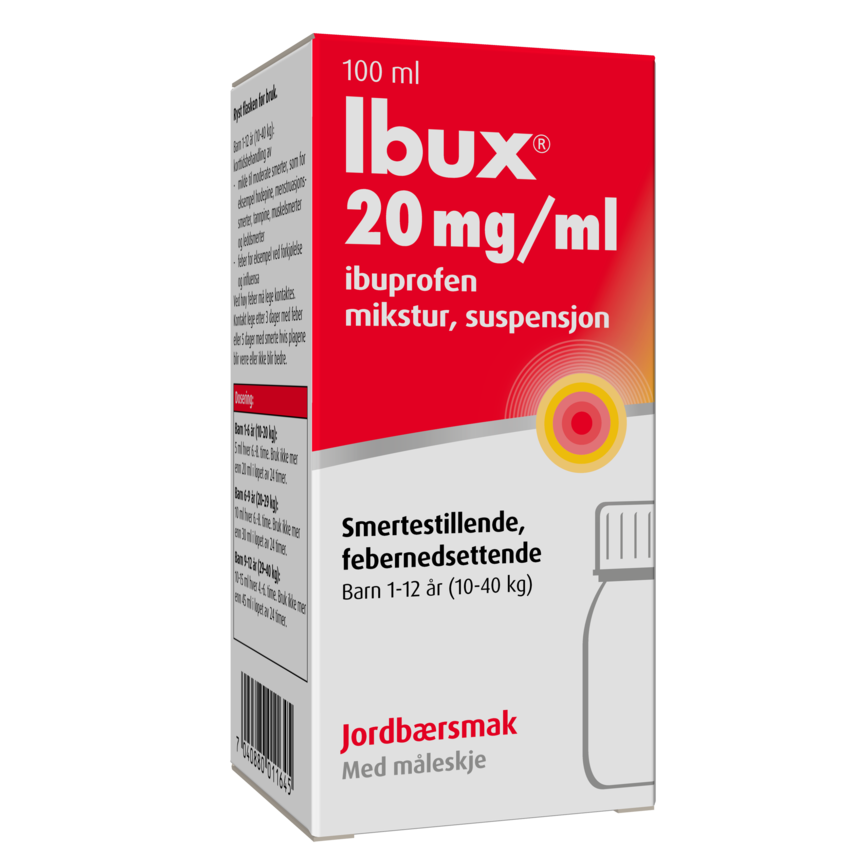 Bilde av en eske med Ibux 20 mg/ml mikstur jordbær 100 ml