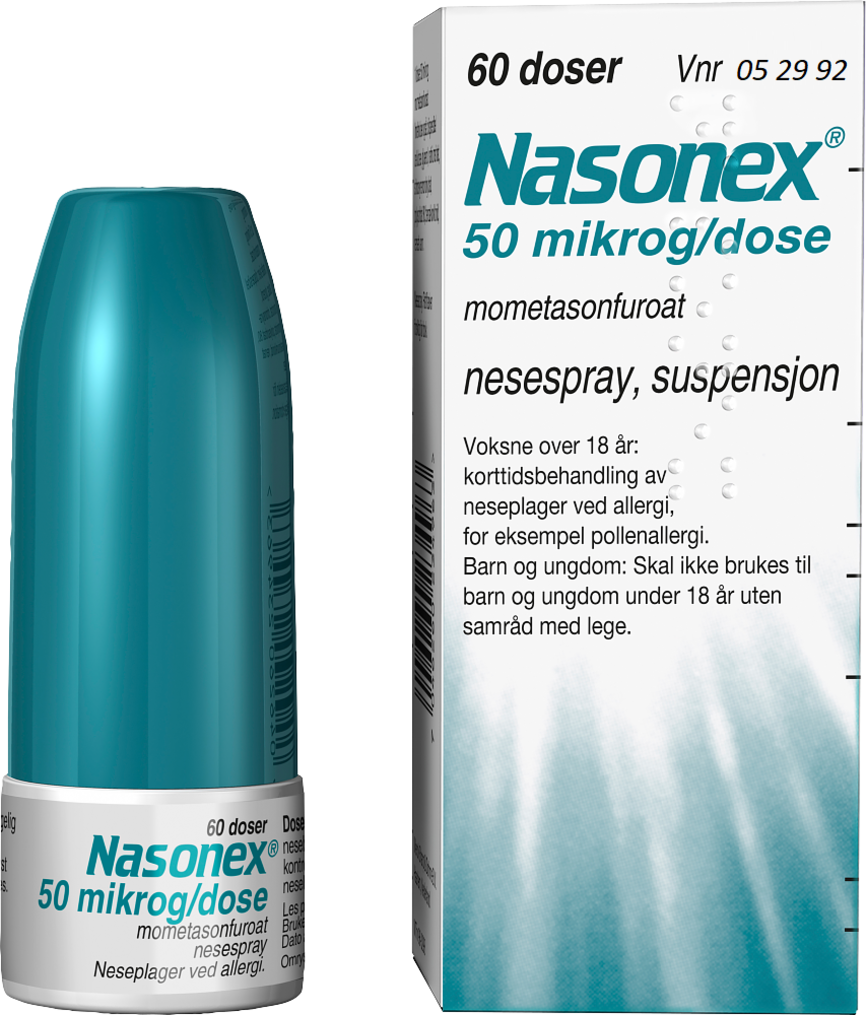 Bilde av Nasonex nesespray, både indre og ytre forpakning. 