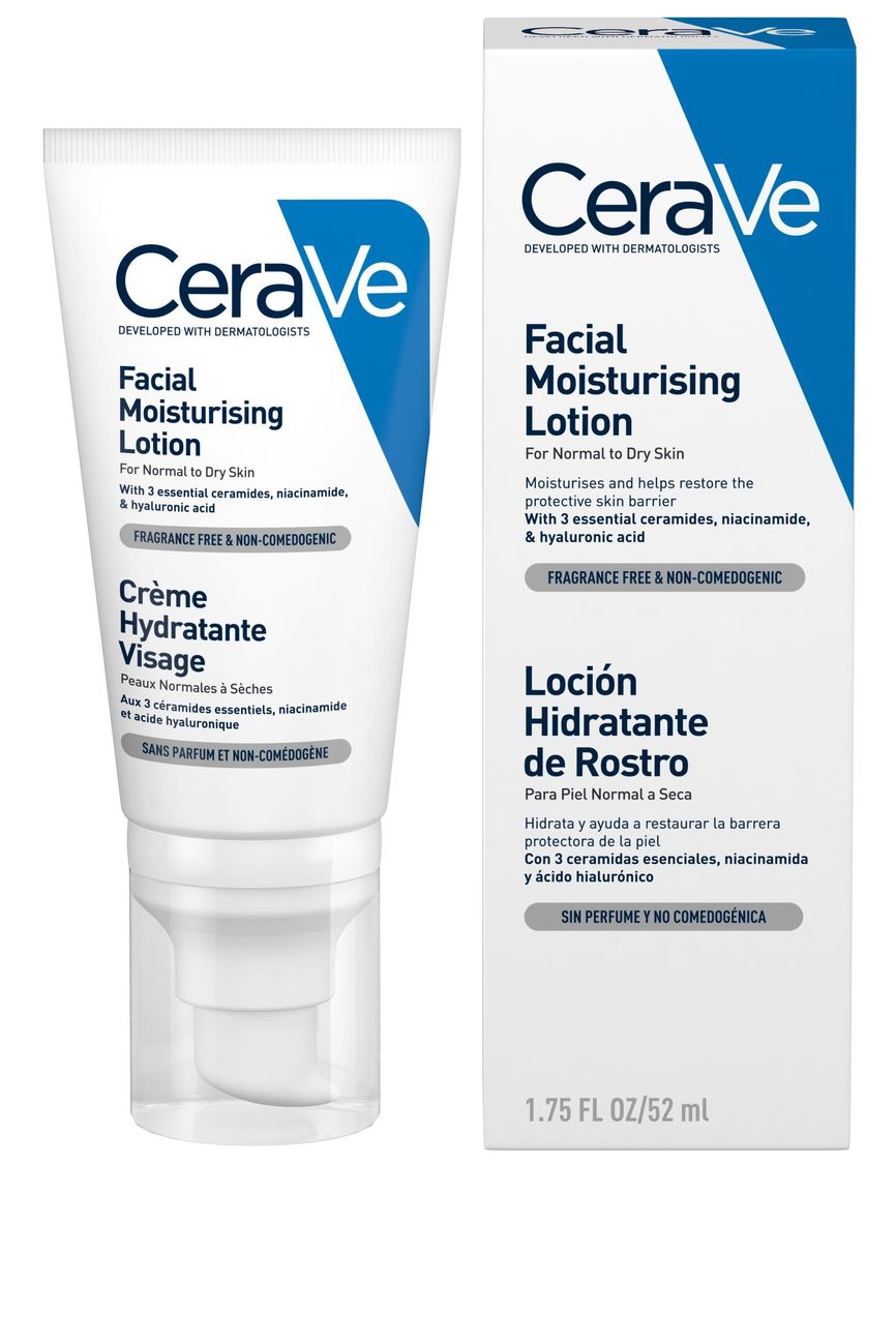 Bilde av en CeraVe Facial Moisturizing Lotion  i indre og ytre forpakning.