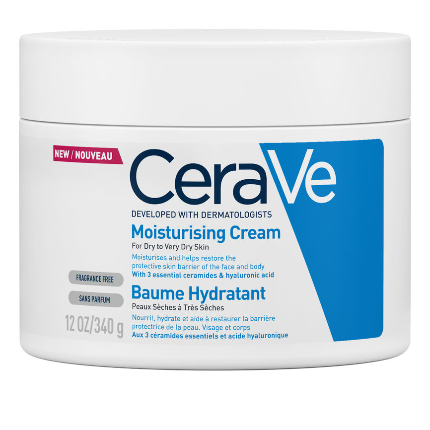 Bildet viser en krukke med CeraVe Moisturising Cream, en fuktighetsgivende krem formulert for tørr til veldig tørr hud. Produktet inneholder tre essensielle ceramider og hyaluronsyre som bidrar til å gjenopprette hudens beskyttende barriere, samtidig som det gir langvarig fuktighet. Kremen er duftfri og egnet for både ansikt og kropp.