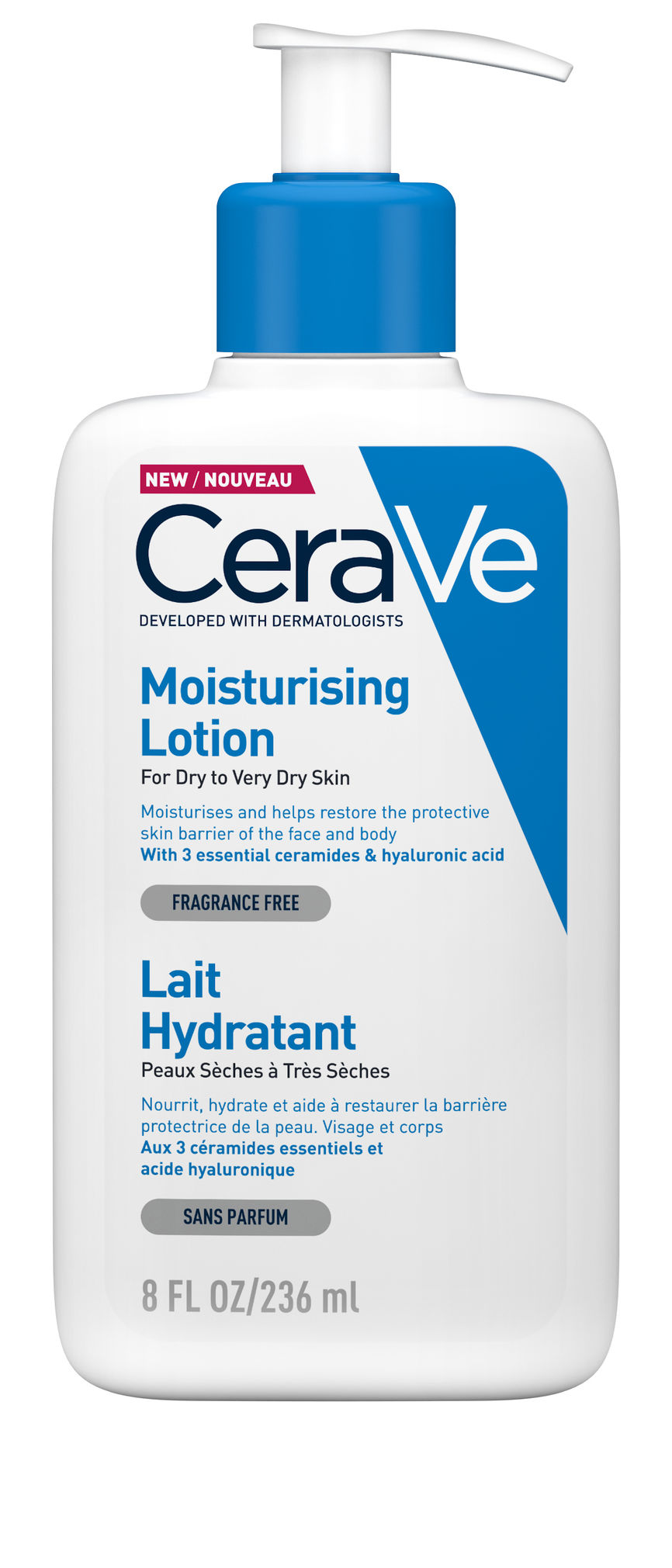 Bildet viser en pumpeflaske med CeraVe Moisturising Lotion, en fuktighetsgivende lotion formulert for tørr til veldig tørr hud. Produktet inneholder tre essensielle ceramider og hyaluronsyre som bidrar til å gjenopprette hudens beskyttende barriere og gir langvarig fuktighet. Kremen er duftfri og kan brukes på både ansikt og kropp.