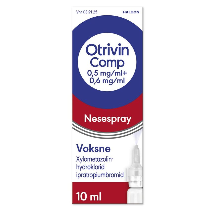 Bilde av en pakke med Otrivin Comp nesespray 10 ml. Brukes ved tett og rennende nese