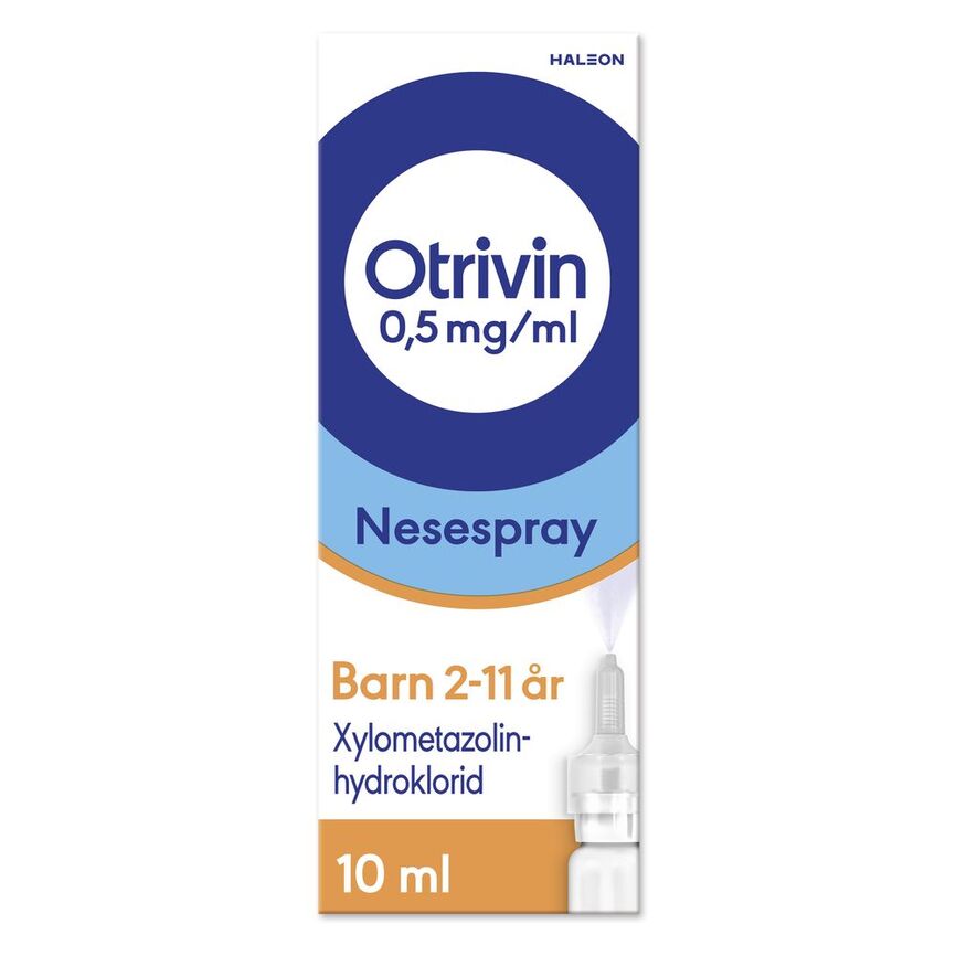 Bilde av en pakke med Otrivin 0,5 mg/ml nesespray barn 10 ml. Brukes ved tett nese. 