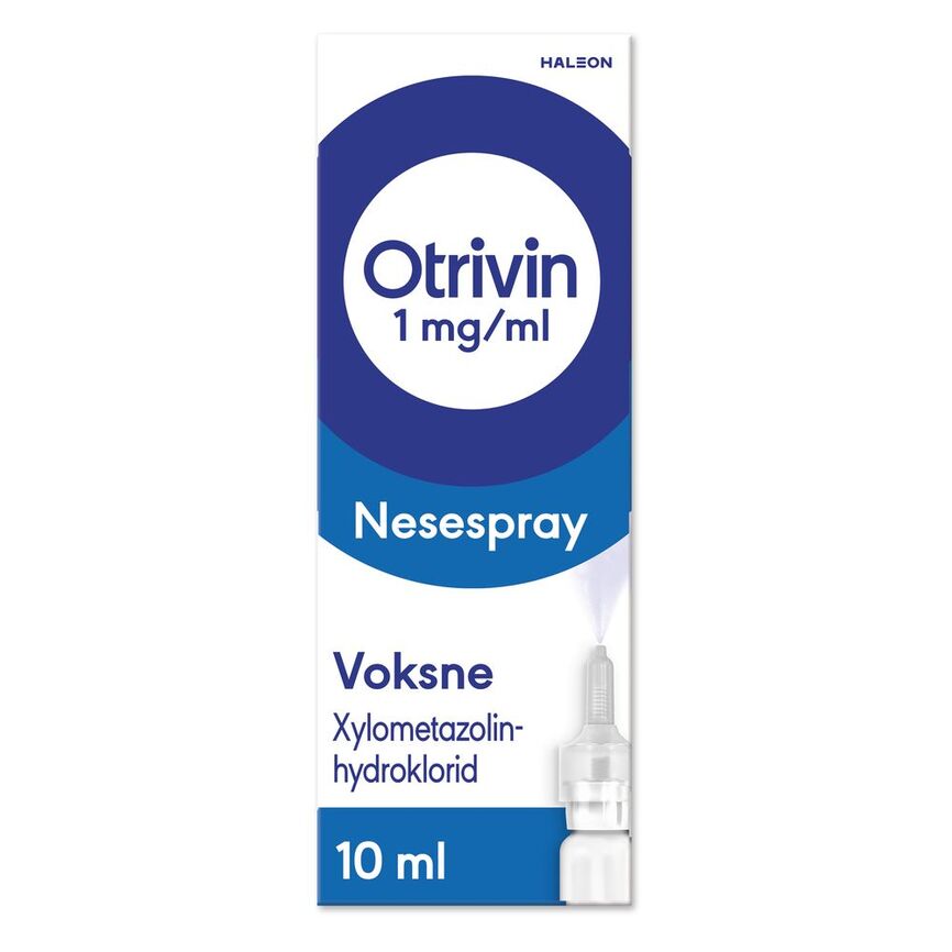 Bilde av en pakke med Otrivin 1 mg/ml nesespray voksne 10 ml. Brukes ved tett nese. 