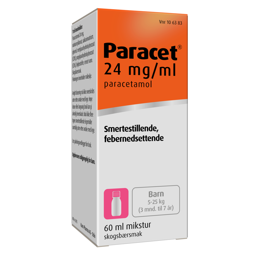 Paracet 24 mg/ml mikstur for barn med skogsbærsmak. Smertestillende og febernedsettende. 60 ml flaske