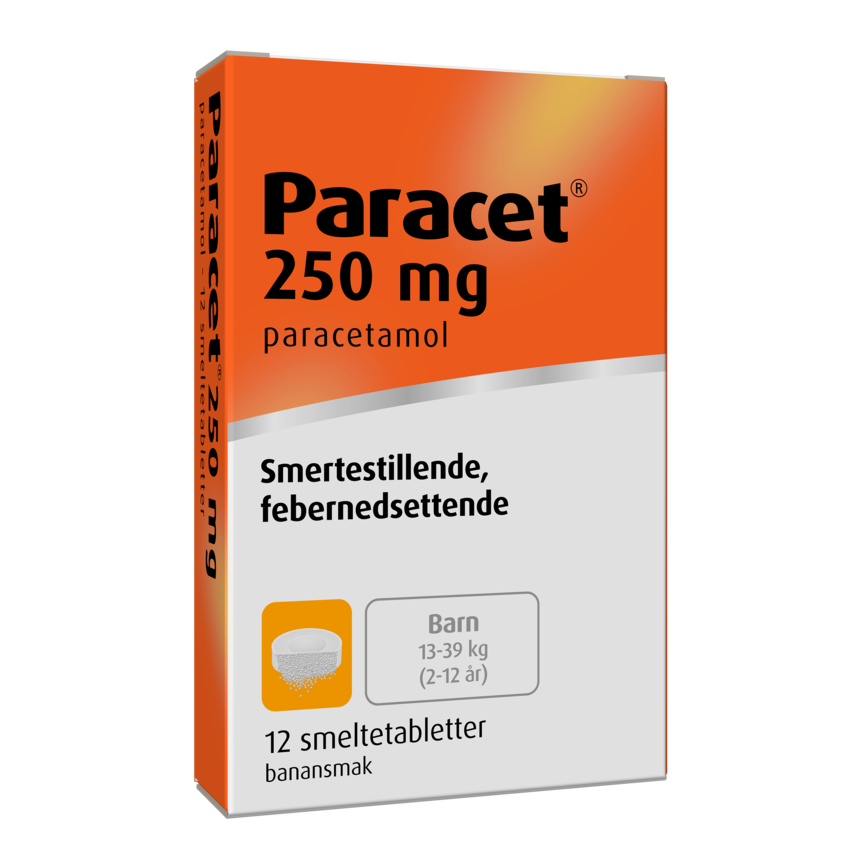 Et bilde av Paracet 250 mg smeltetabletter for barn 2-12 år (13-39 kg), med banansmak. Pakningen inneholder 12 tabletter som er smertestillende og febernedsettende.