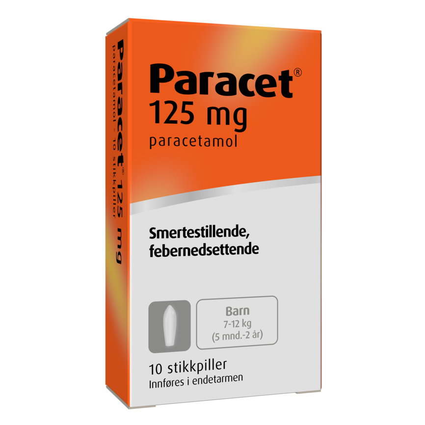 En eske med Paracet 125 mg stikkpiller for barn i alderen 5 måneder til 2 år, som veier mellom 7-12 kg. Emballasjen er oransje og hvit, med tekst som indikerer at produktet er for smertelindring og febernedsettelse ('Smertestillende, febernedsettende'). Esken inneholder 10 stikkpiller, som skal føres inn rektalt.