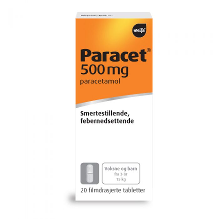 Bilde av en pakke med Paracet 500 mg tabletter avlange 20 stk