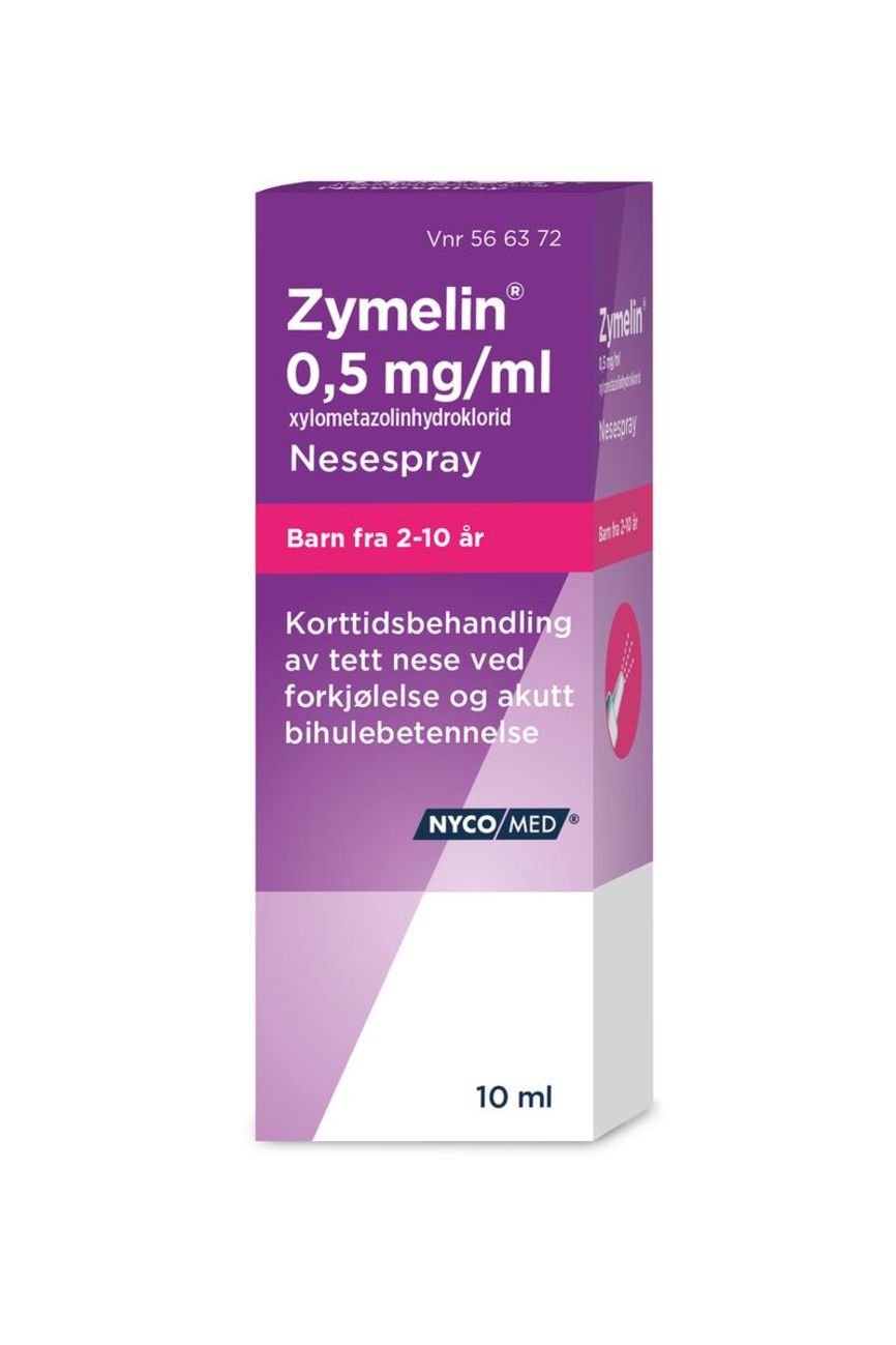 Bilde av en pakke med Zymelin 0,5 mg/ml nesespray 10 ml. Brukes ved tett nese