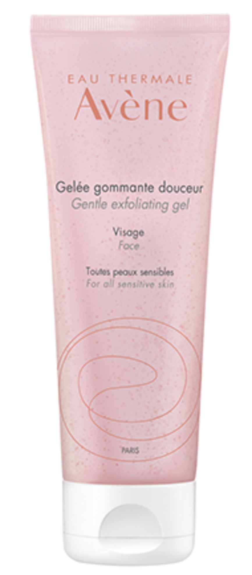 Bilde av en tube med Avène Gentle Exfoliating Gel 75 ml. Tuben er rosa. 