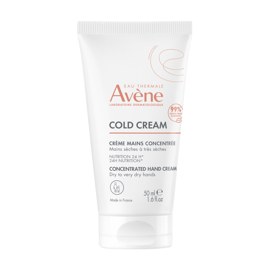 Bilde av en tube med Avène Cold Cream Concentrated Hand Cream 50 ml. Tuben er hvit. 