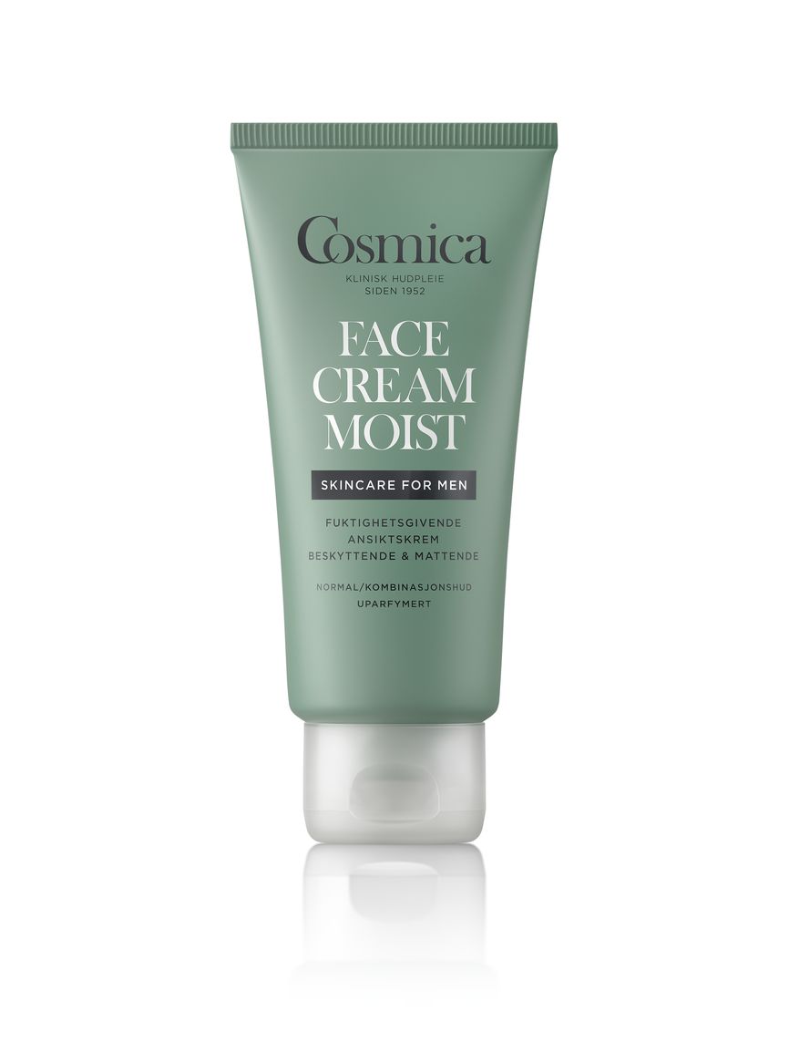 Produktbilde av Cosmica Face Cream Moist, en ansiktskrem for menn med fuktighetsgivende og mattende effekt. Kommer i en grønn tube merket med "Skincare for Men" og "Uparfymert"