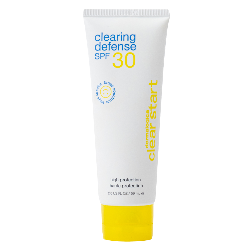 Bilde av en tube med Clear Start Mattifying Clearing Defense SPF30 59 ml. Tuben er hvit med gul kork. 