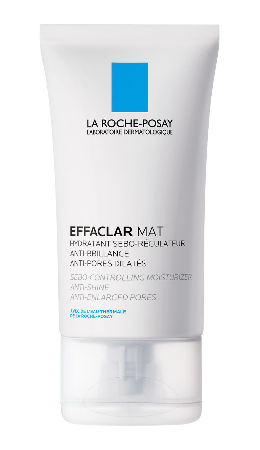 Et produktbilde av La Roche-Posay Effaclar Mat, en mattende fuktighetskrem for fet hud som regulerer talgproduksjonen, reduserer blankhet og synligheten av porer. Tuben er hvit med blå detaljer og har en gjennomsiktig bunn.