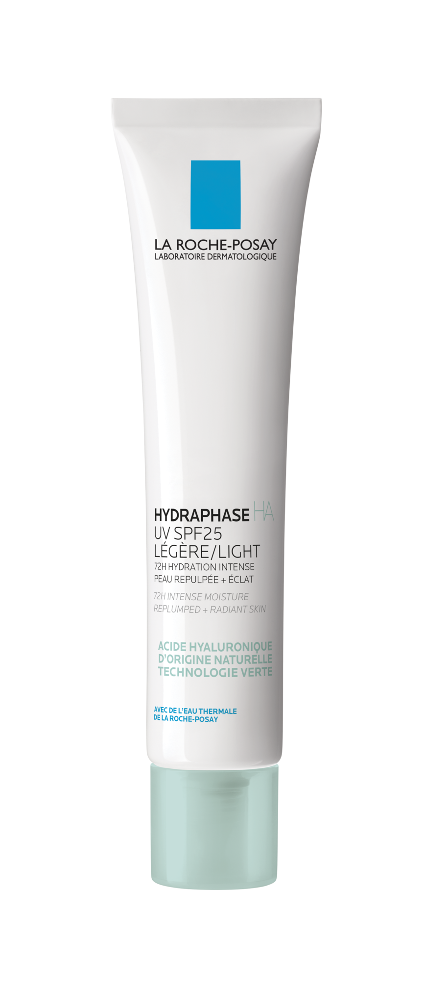 Et produktbilde av La Roche-Posay Hydraphase HA UV SPF 25, en lett fuktighetskrem med solbeskyttelse. Tuben er hvit med blå detaljer og et mintfarget lokk. Produktet tilbyr 72 timers intens fuktighet og inneholder naturlig hyaluronsyre, med fokus på å gi huden et fyldigere og strålende utseende.