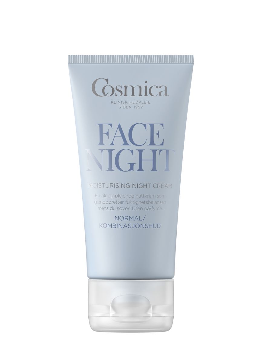 Et produktbilde av Cosmica Face Night Moisturising Night Cream, en fuktighetsgivende nattkrem for normal/kombinasjonshud. Tuben er lys blå med gjennomsiktig lokk, og kremen lover å gjenopprette hudens fuktighetsbalanse mens du sover, uten parfyme.