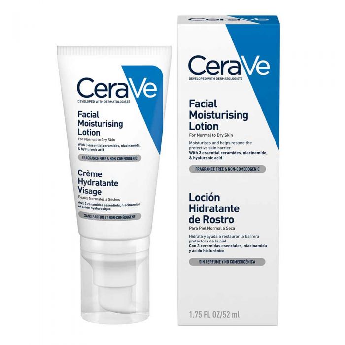 CeraVe Facial Moisturising Lotion, 52 ml flaske for normal til tørr hud, med tre essensielle ceramider, niacinamid og hyaluronsyre. Duftfri og ikke-komedogen. Viser både produktet og emballasjen.