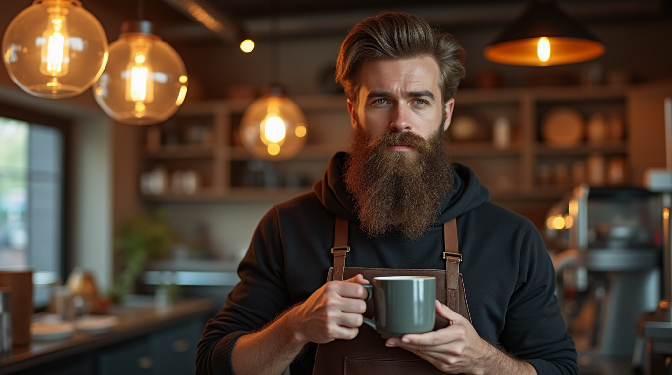 Bilde av en mann med skjegg som står i en café og drikker kaffe
