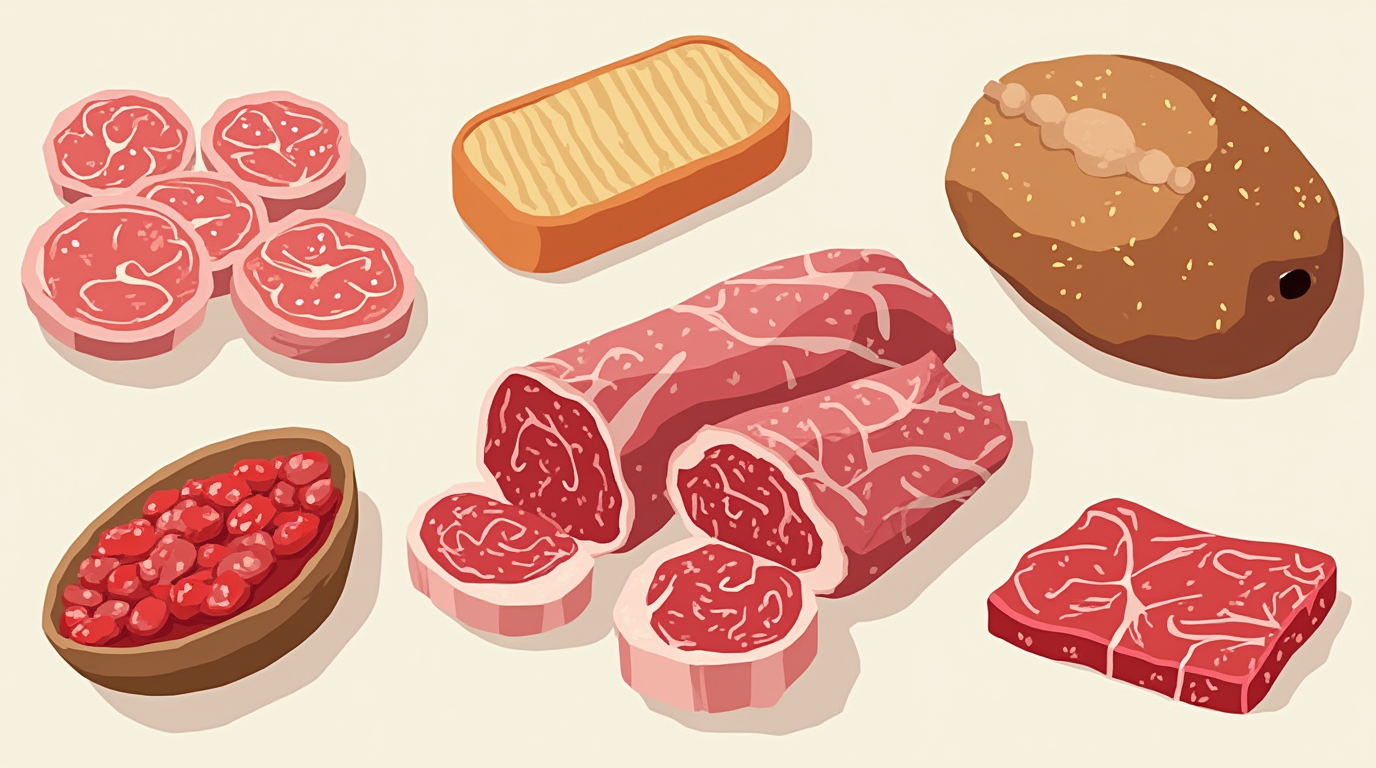 en illustrasjon av proteinrik mat som f.eks. kjøtt