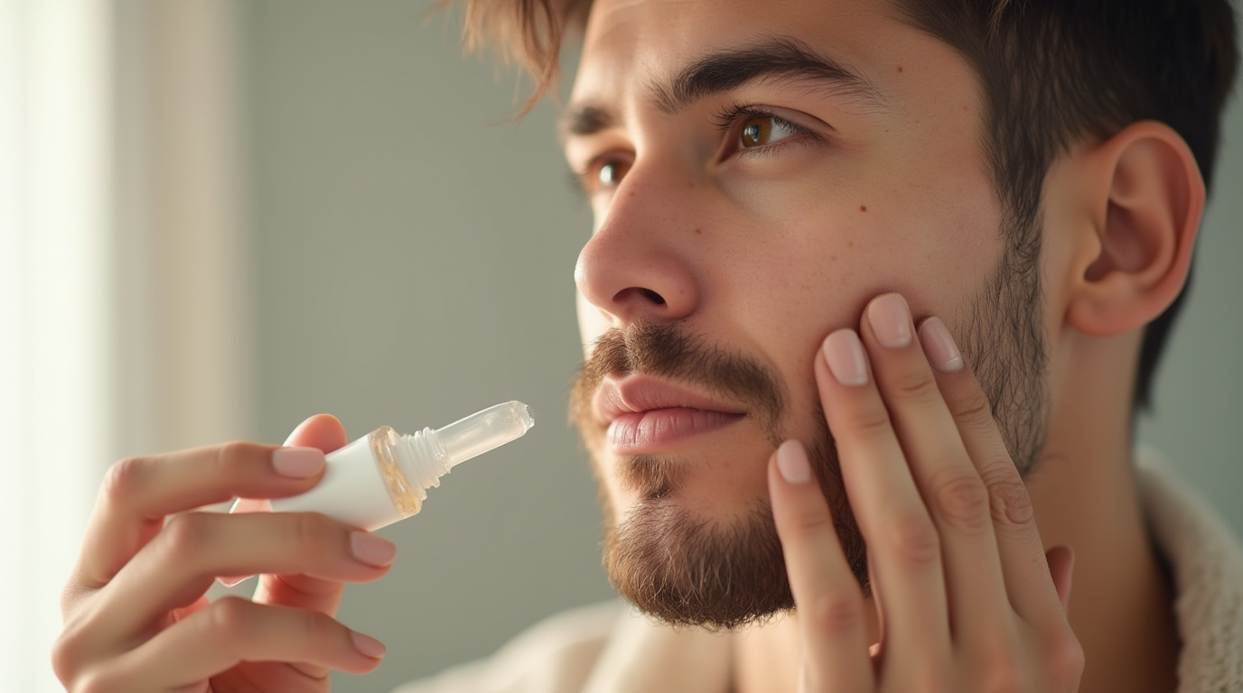 Bilde av en mann som påfører serum i ansiktet