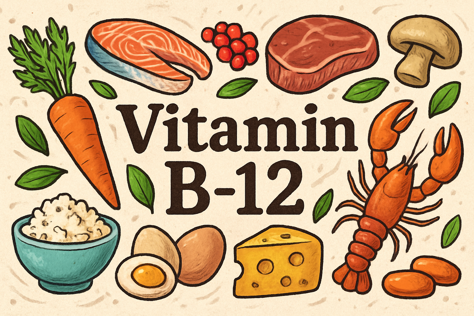 illustrasjon med tekst "Vitamin B-12"