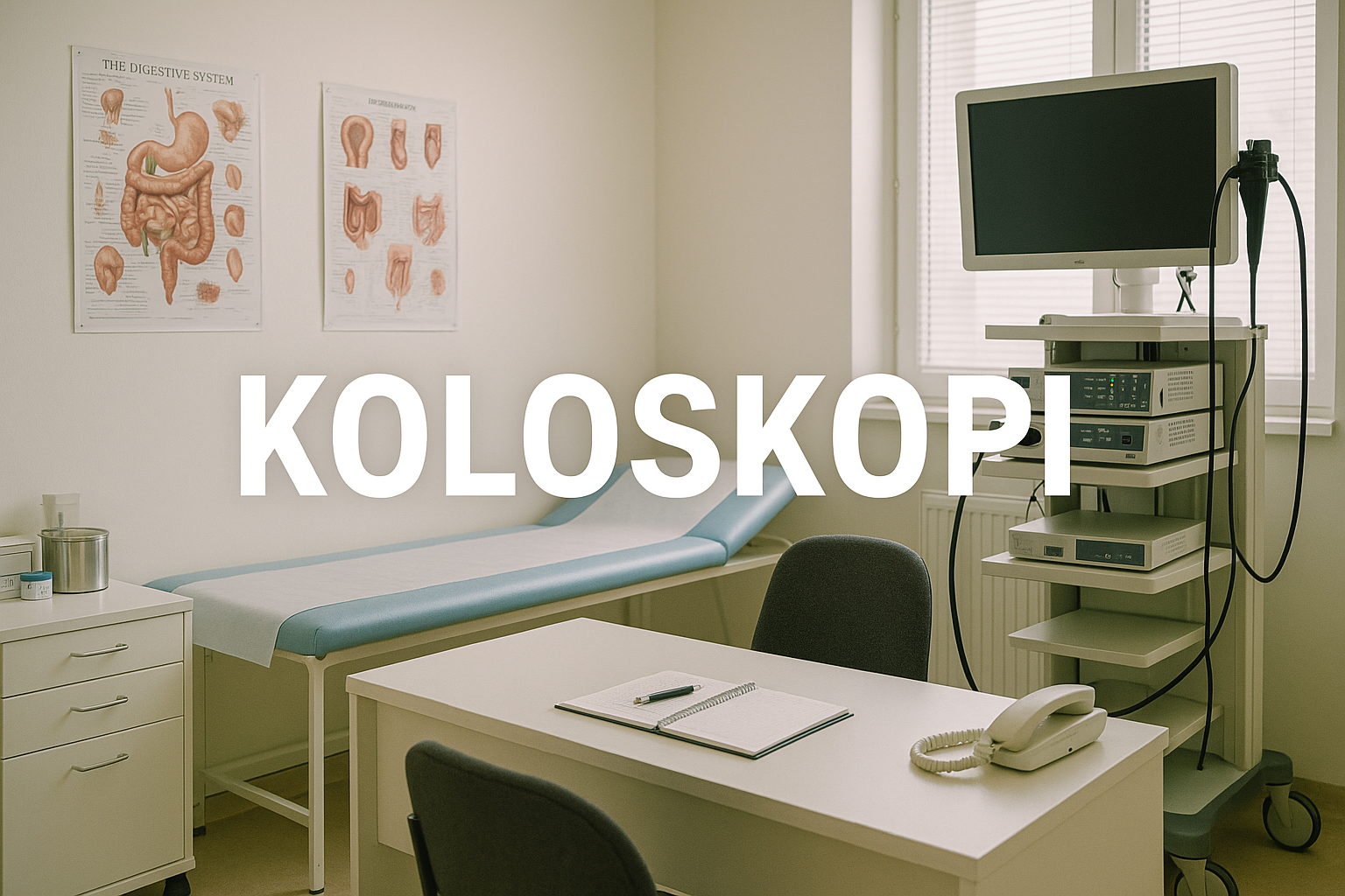 Bilde av et legekontor med tekst "koloskopi"