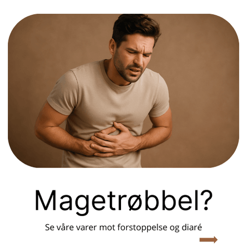 Bilde av en mann som holder seg på magen fordi han har vondt i magen. På bilde står det magetrøbbel. Se våre varer mot forstoppelse og diare
