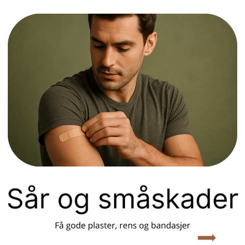 Bilde av en mann som tar på seg plaster. Står sår og småskader på bildet