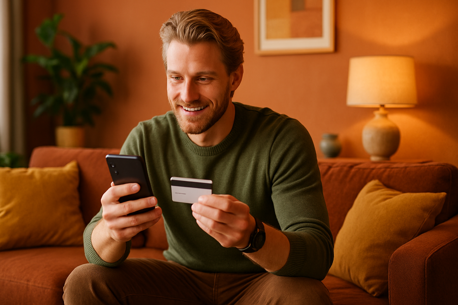 Bilde av en mann som bestiller apotekvarer på nett fra mobilen på herreapoteket.no. Herreapoteket er et norsk godkjent nettapotek