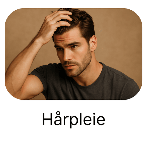 Bilde av en mann som styler håret sitt. På bildet står det "Hårpleie". Hårpleieprodukter lenke på nettapoteket. 