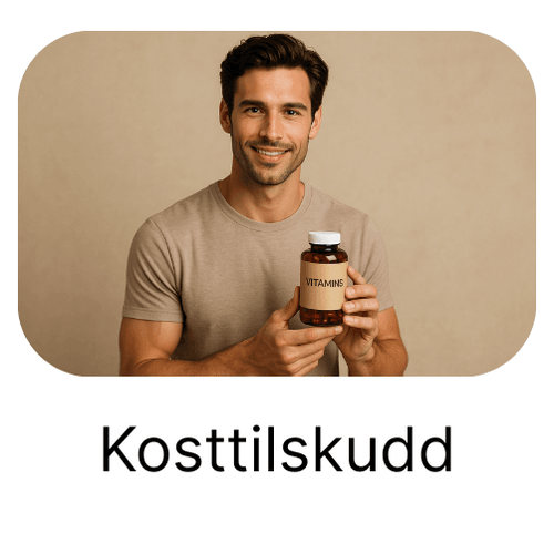 Bilde av en mann som holder en vitaminflaske fra nettapoteket. På bildet står det kosttilskudd