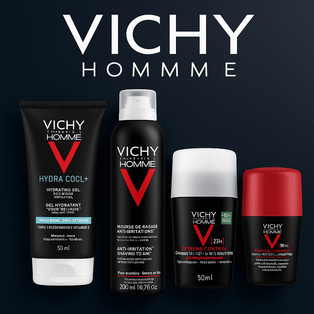Bilde av produktserie for Vichy Homme. Vichy homme er hudpleieprodukter spesielt designet for menn, og selges på vårt nettapotek. 
