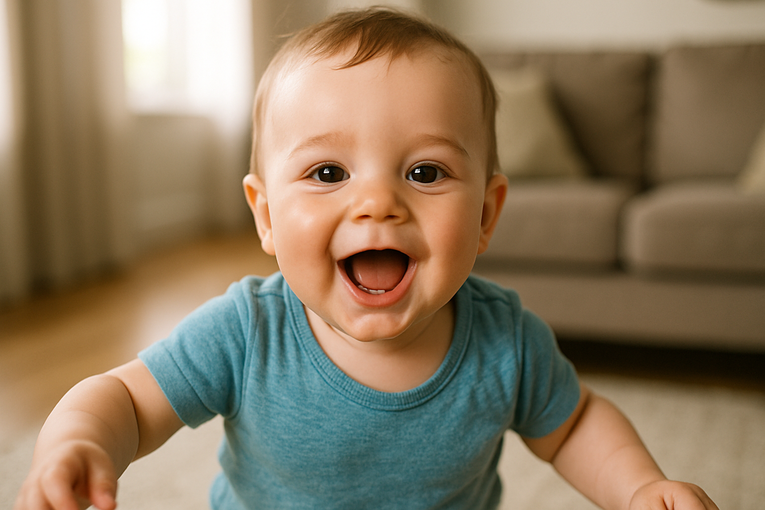 Bilde av en baby som smiler med åpen munn. Barn har trøske i munnen