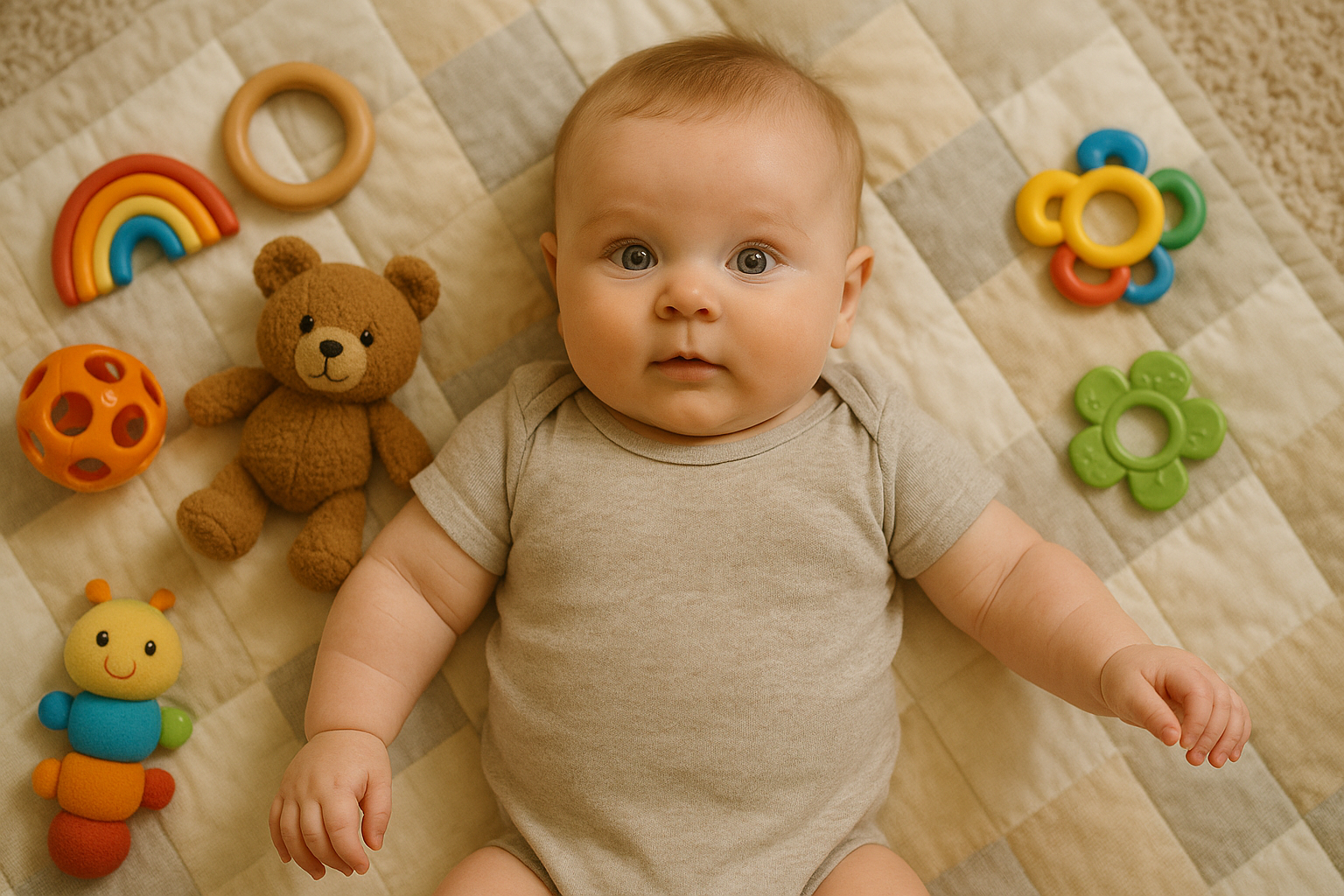 Bilde av en baby som ligger på bbakken. Babyen har skurv i hodebunnen