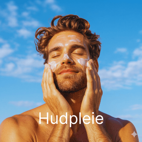 Bilde av en mann som påfører solkrem. "Hudpleie" er skrevet på bildet. Illustrasjonen er klikkbar og tar det til hudpleie kategorien. 