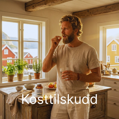 Bilde av en mann som spiser kosttilskudd med skrift "kosttilskudd". Illustrasjon. Lenke til kosttilskudd side. 