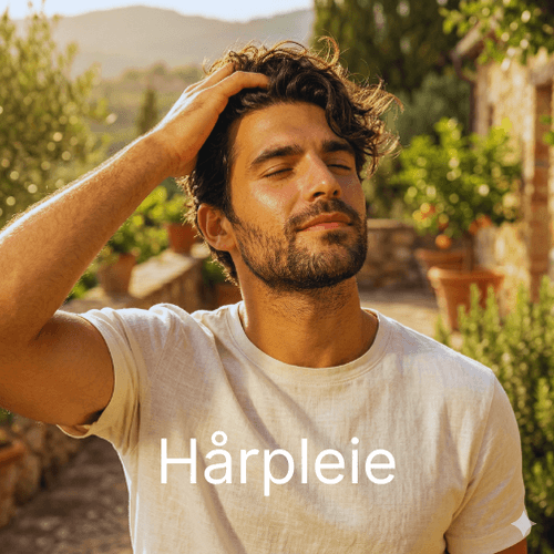 Bilde av en mann som tar seg i håret. Skrift "Hårpleie" på bildet. Illustrasjon som tar deg til hårpleie siden dersom den klikkes. 