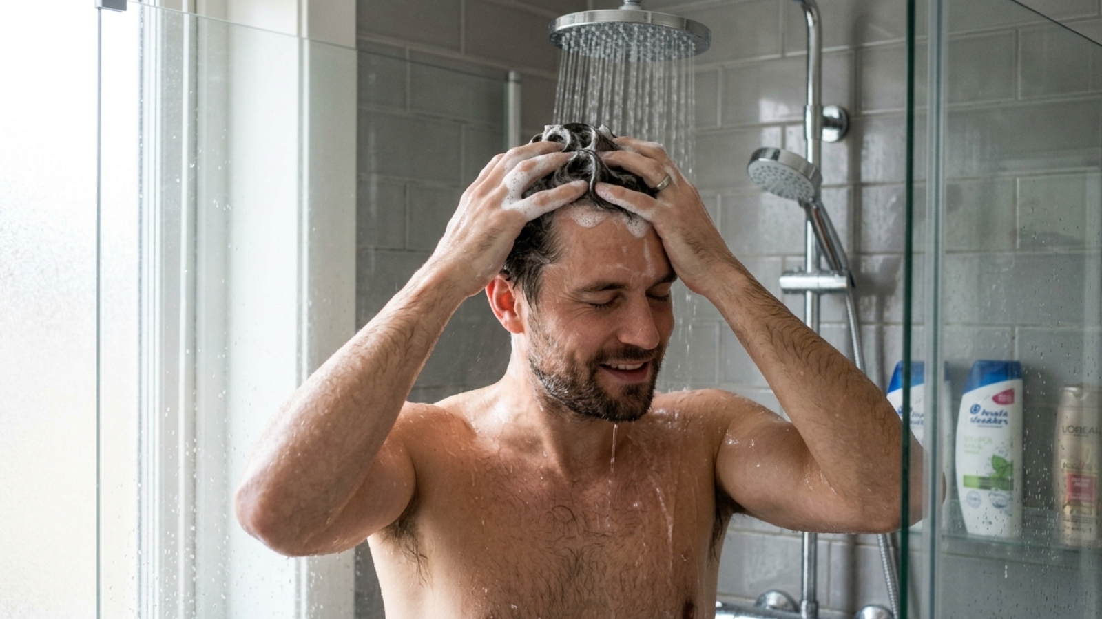 Bilde av en mann som vasker håret i dusjen