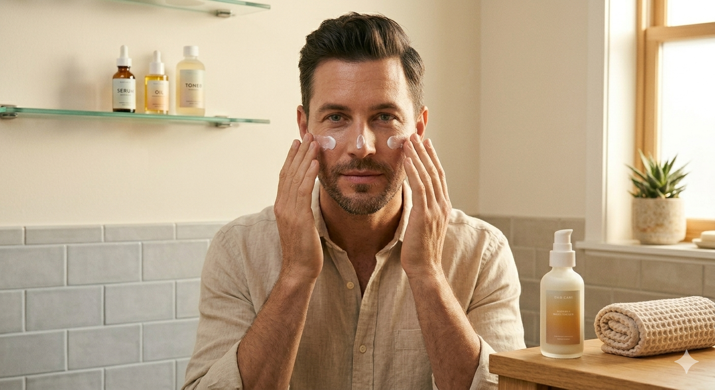 Et bilde av en mann som påfører ansiktskrem