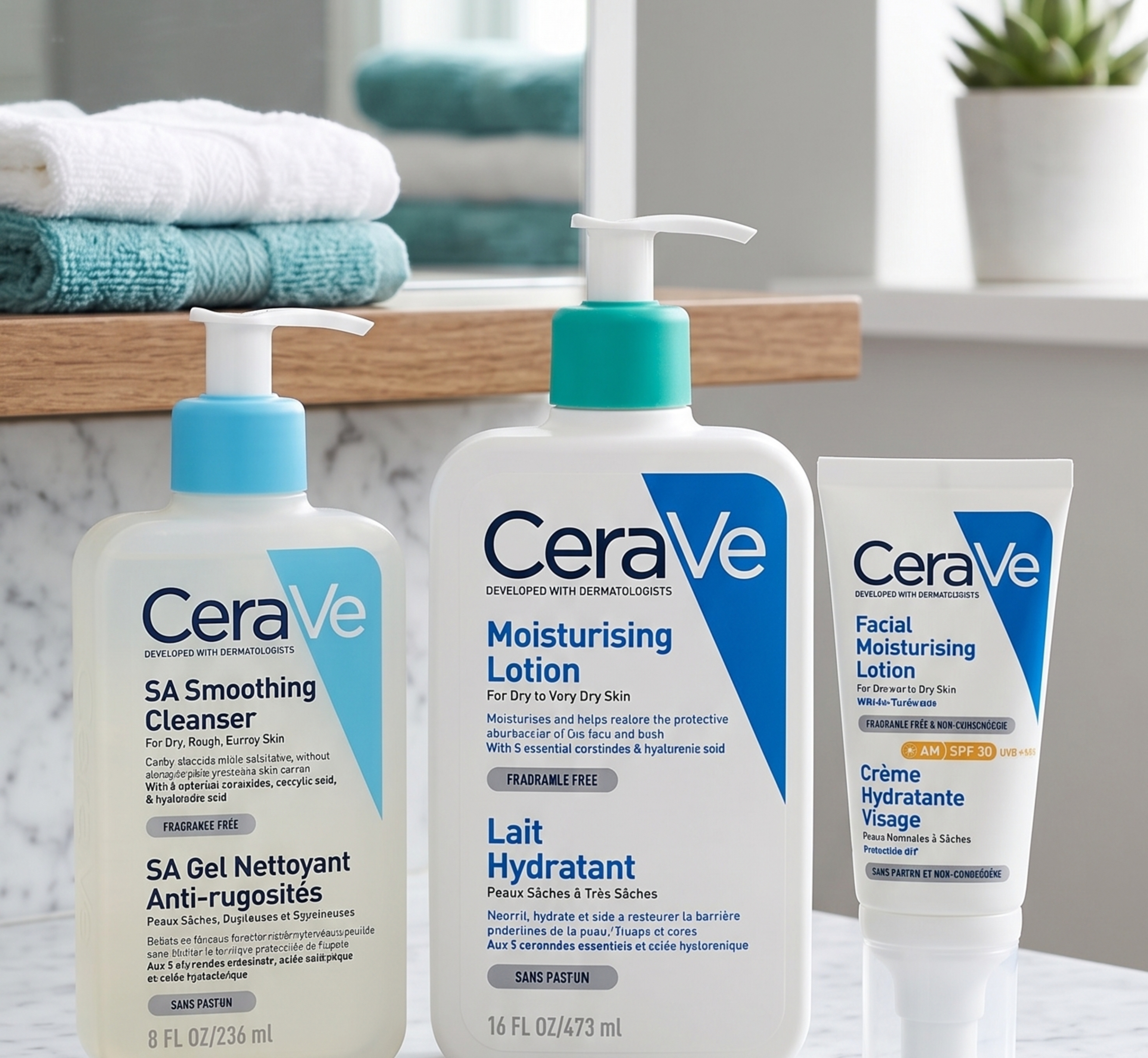 CeraVe SA Smoothing Cleanser 236 ml + Moisurising Lotion 473 + Ansiktskrem SPF30 52 ml