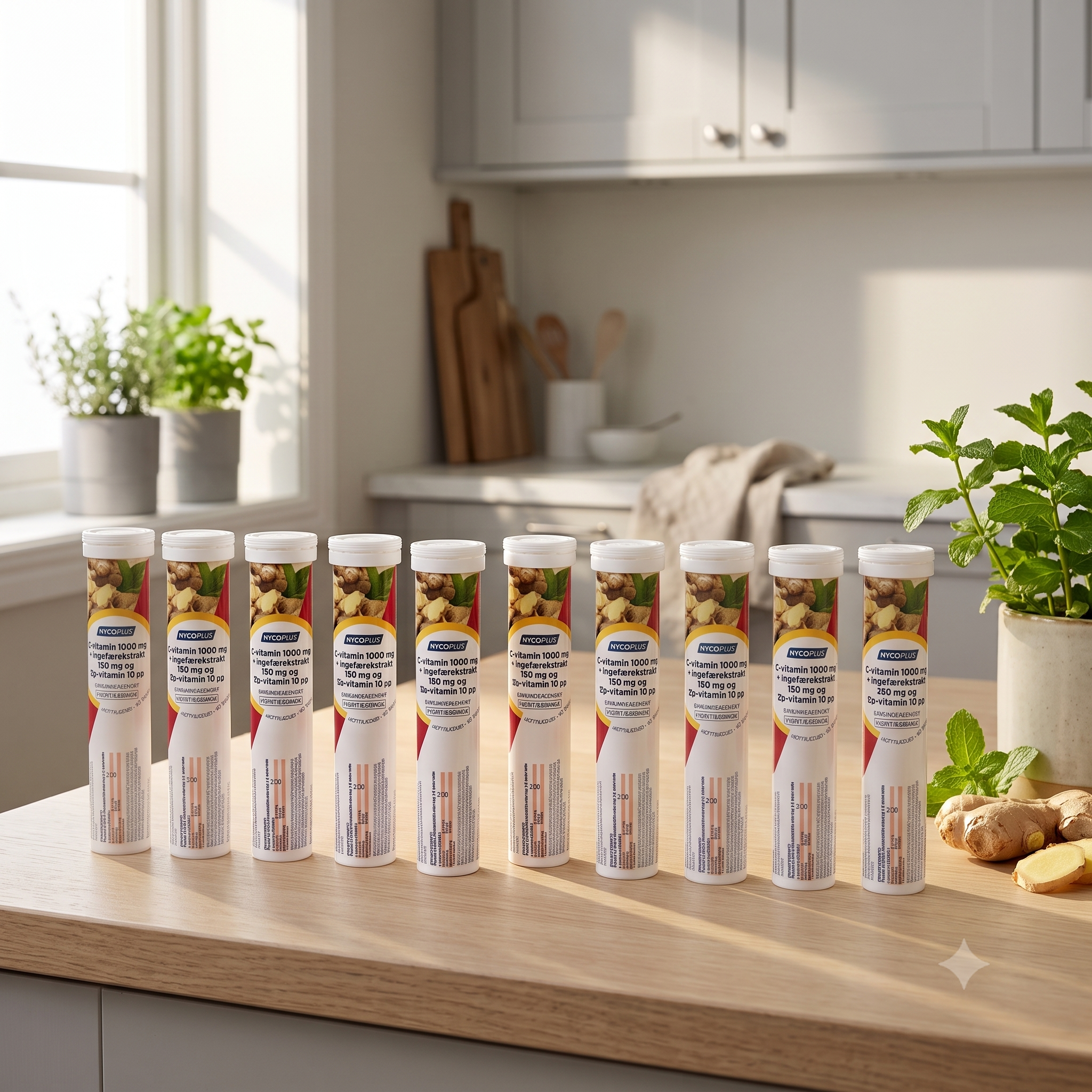 Nycoplus C-vitamin 1000 mg + ingefærekstrakt og D3-vitamin Ingefær 20 brusetabletter 10 stykker