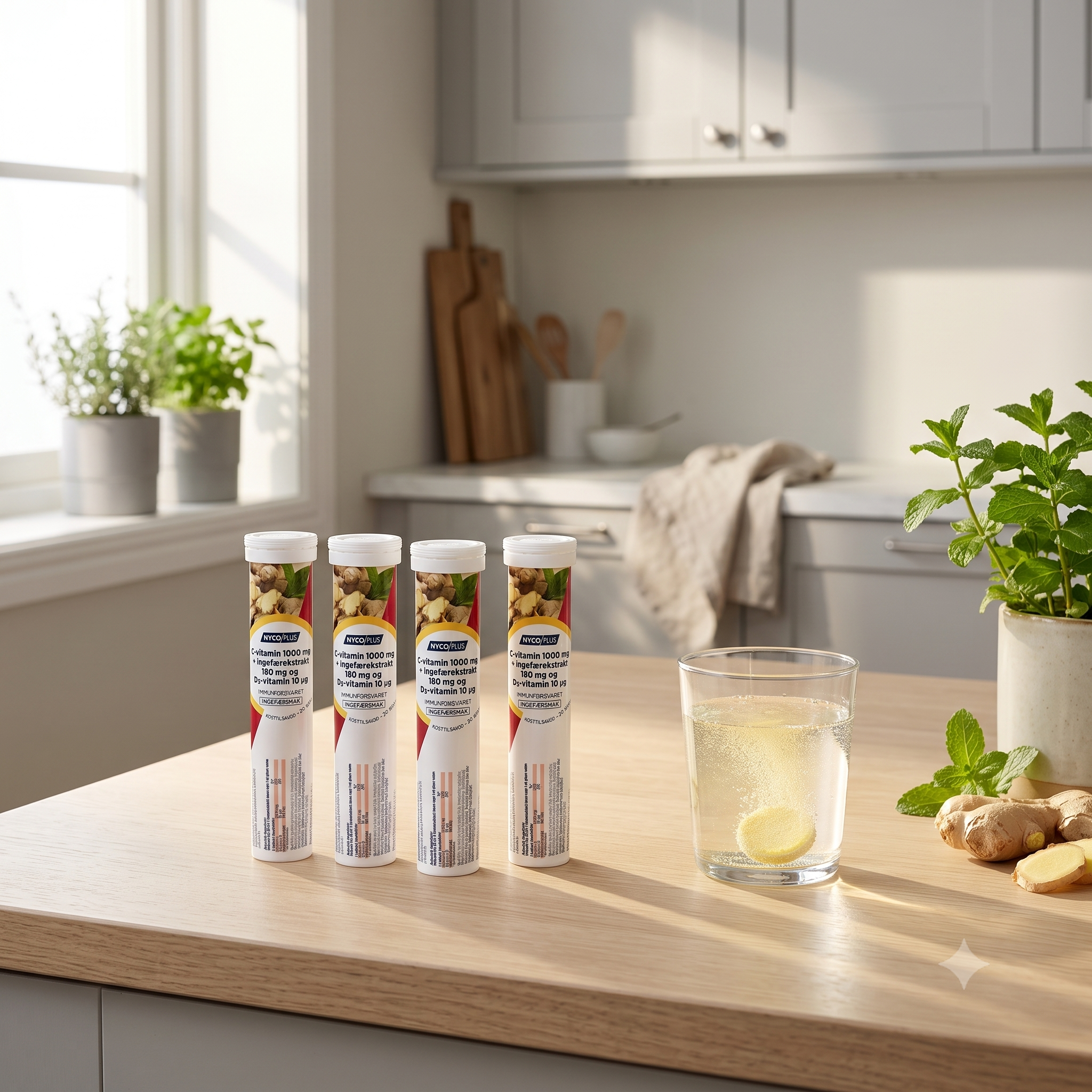 Nycoplus C-vitamin 1000 mg + ingefærekstrakt og D3-vitamin Ingefær 20 brusetabletter 4 stykker
