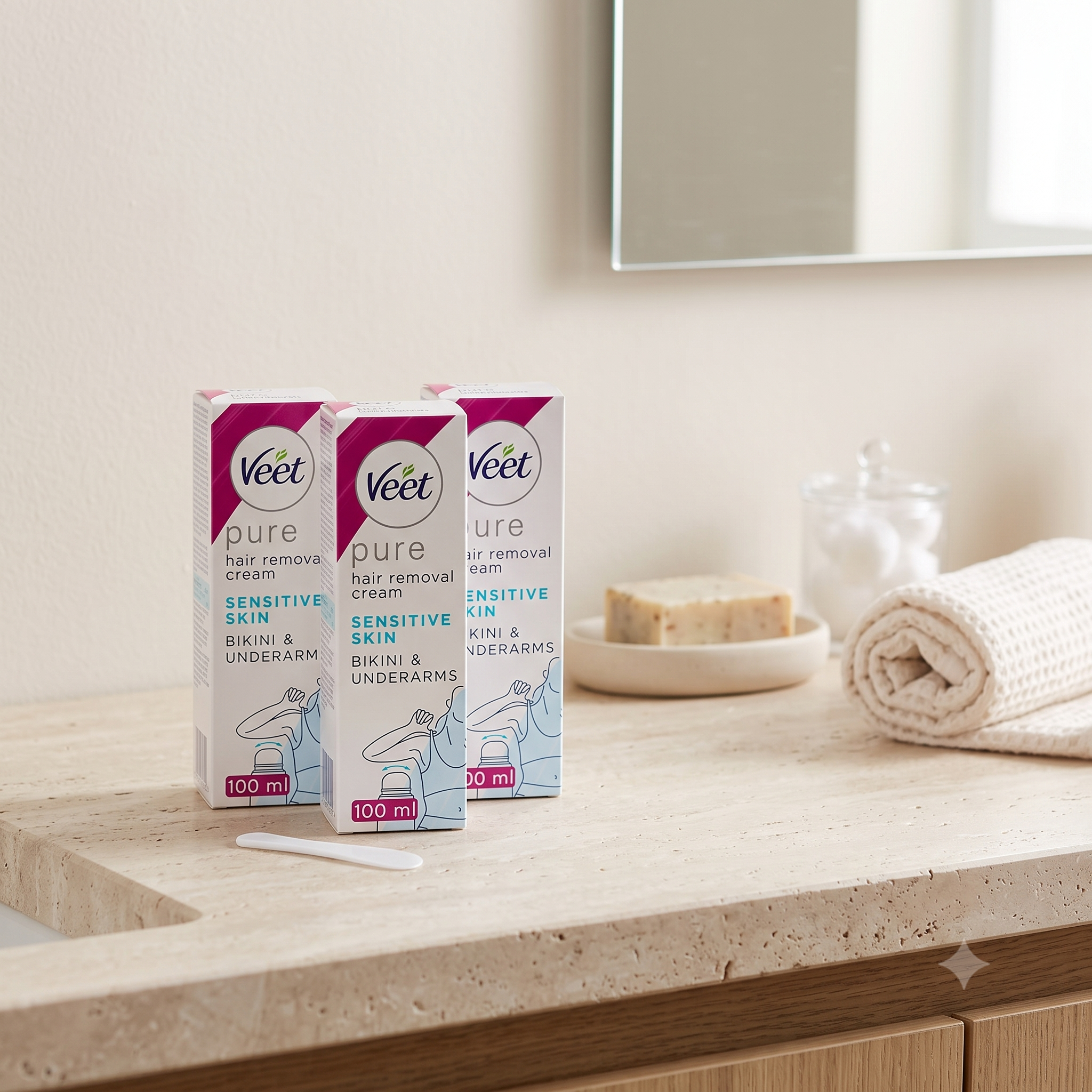 Veet Pure Bikini & Underarms hårfjerningskrem 100 ml 3 stykker