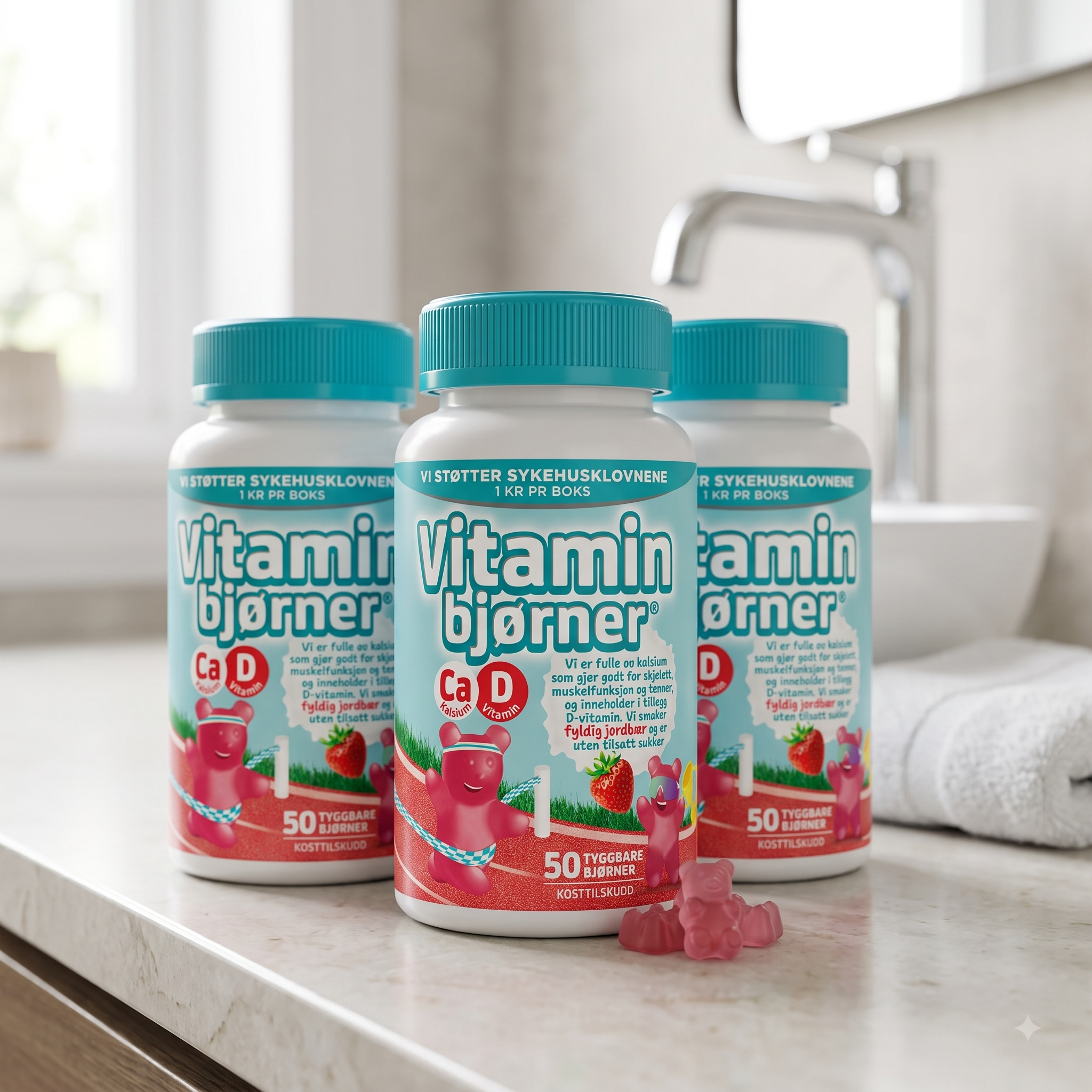 Vitaminbjørner Kalsium og D-vitamin jordbærsmak 50 stk 3 stykker
