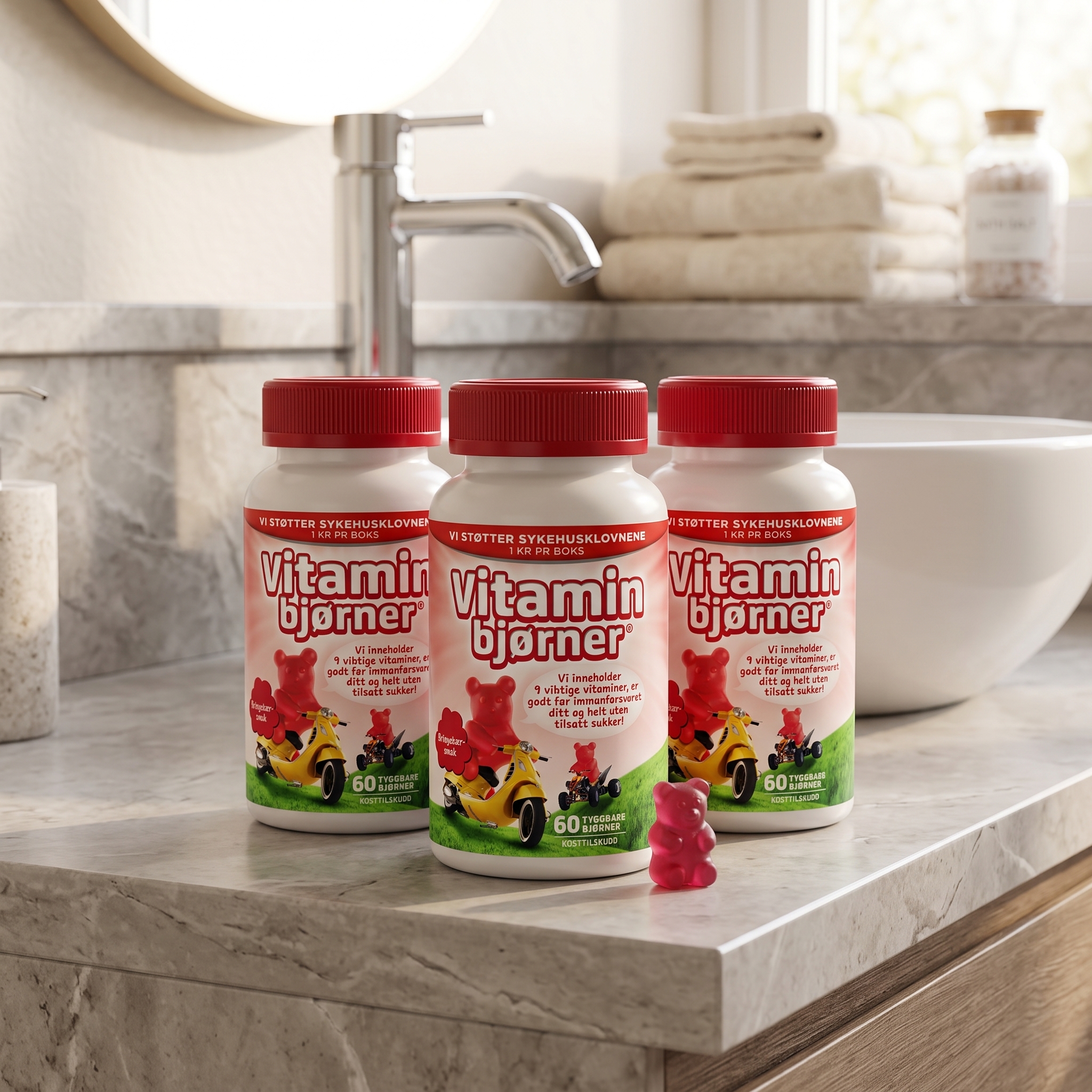 Vitaminbjørner Bringebærsmak 60 stk 3 stykker