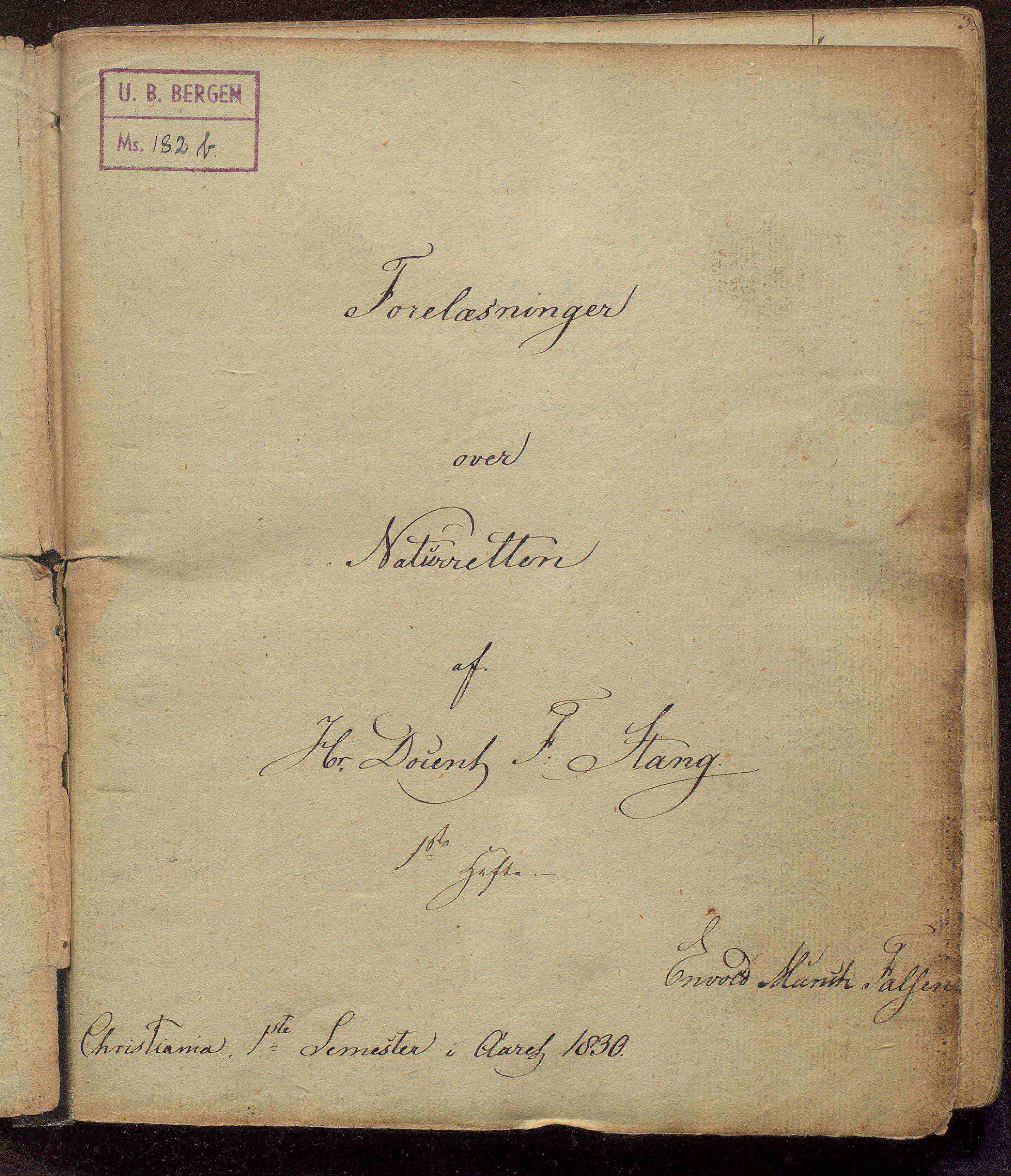 Bilde av håndskrevet referat av Frederik Stangs naturrettsforelesninger fra 1830-1831.