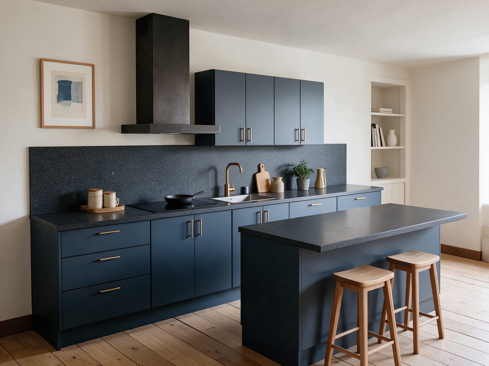 A kitchen with deep ink-blue flat fronts, brass bar handles and a dark granite worktop, with a matching island and two oak stools.