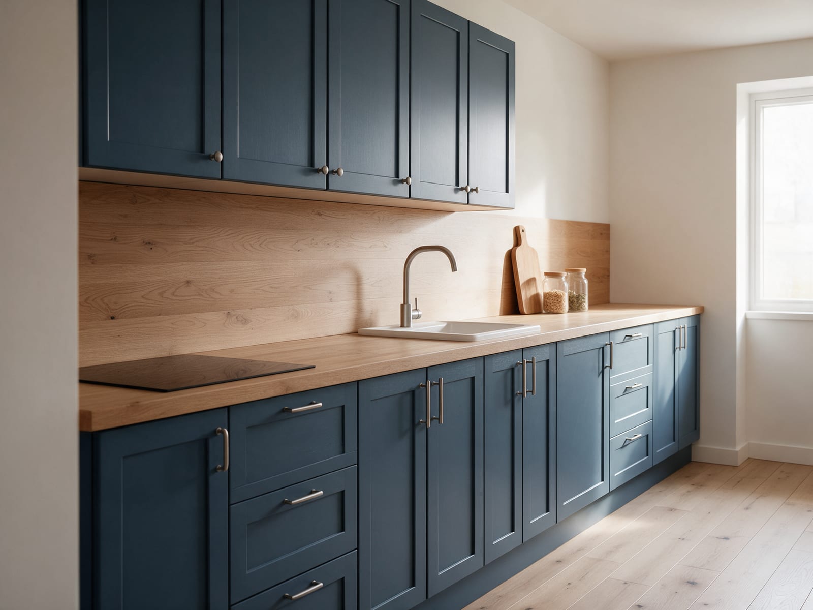 A long galley kitchen with harbour blue framed fronts, steel knobs and pulls, an oak worktop and splashback, lit by a window at the end of the room.