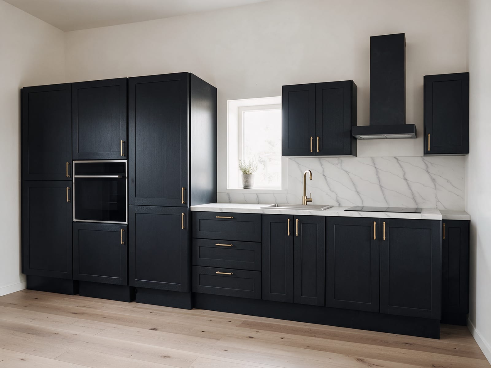 A kitchen wall with near-black framed fronts and brass handles: tall cabinets with an oven at eye height, then a marble worktop under a small window.