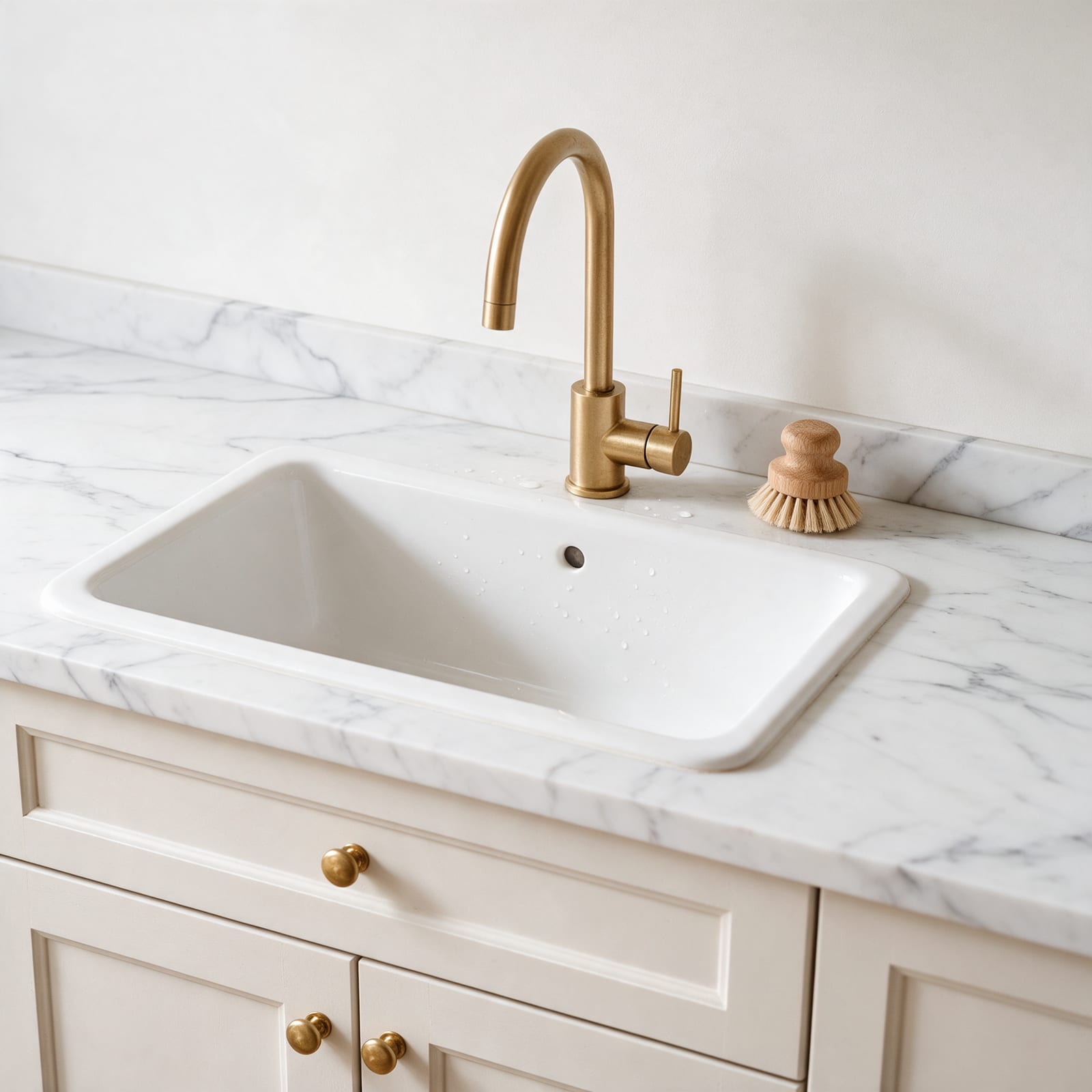 A white ceramic sink and a brushed brass tap in a white marble worktop, above linen-white fronts with brass knobs.
